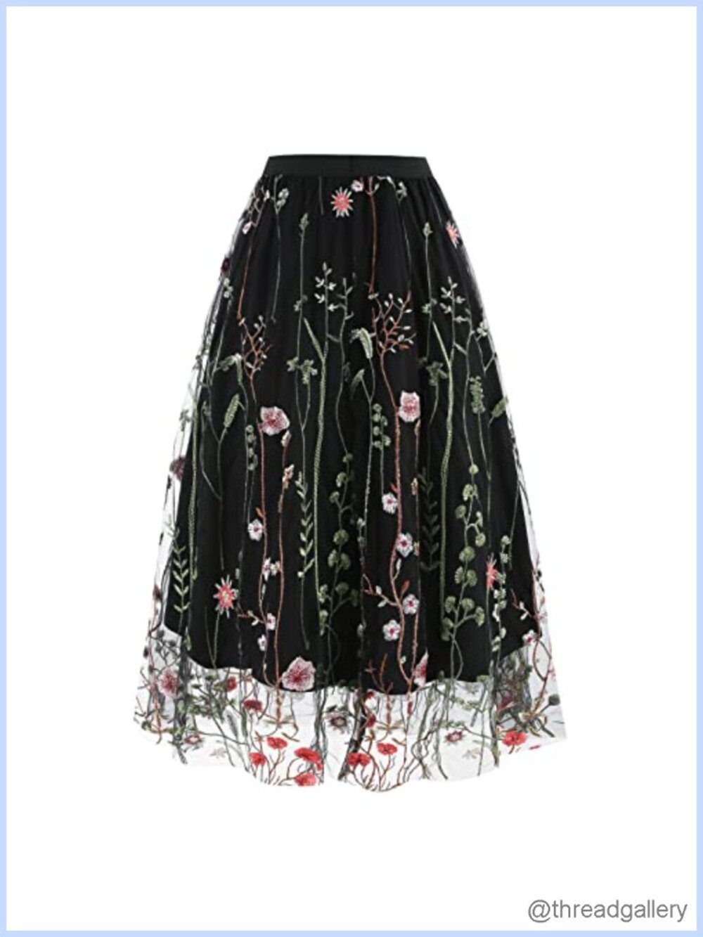 Women Vintage Floral Embroidered Tulle Midi Skirt High Waist A-Line Swing